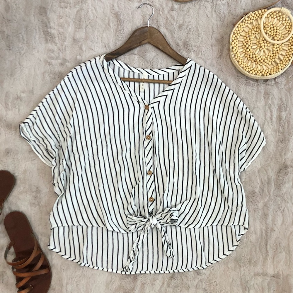 Mts White and Black Striped Tie-Front Top